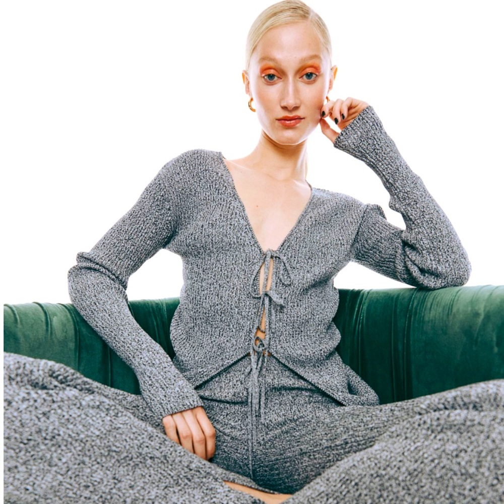 H&M Black & White Rib Knit Tie Front Detail Cardigan